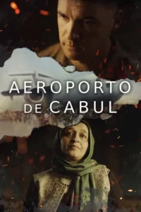 Pôster:Soldado sério,mulher de lenço. Avião militar e multidão em cena dramática,com faíscas e tons escuros.