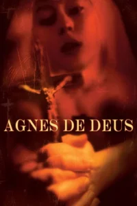 Pôster com rosto embaçado e angustiado de uma mulher,com as mãos segurando um crucifixo. Tons de vermelho e dourado.