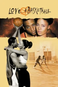 Pôster sépia:Casal afro-americano. Rostos sérios com bola de basquete;beijo apaixonado;e jogadores em quadra. Amor e esporte.