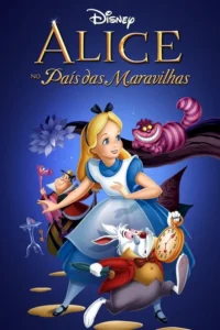 Pôster animado:garota loira de azul,gato sorridente,coelho apressado e rainha com flamingo,em cenário azul mágico.