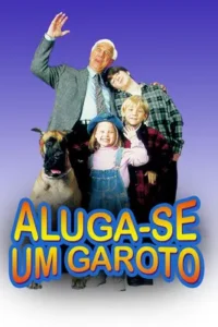 Um homem idoso acena ao lado de um cão grande e três crianças sorridentes. Fundo gradiente roxo e branco. Clima de comédia familiar.