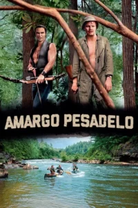 Dois homens, um com arco, outro tenso com rifle, em floresta densa. Abaixo, três remam em canoas por um rio selvagem.
