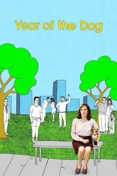 Mulher séria com um cão senta em banco. Fundo vibrante desenhado de parque com árvores, prédios e figuras monocromáticas de pessoas.