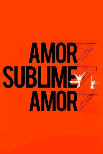 Pôster laranja vibrante com AMOR SUBLIME AMOR em preto. Duas figuras brancas dançam em uma escada de incêndio, evocando romance.