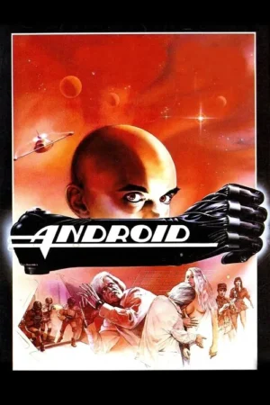 Pôster sci-fi retrô: androide careca com braço robótico sobre fundo espacial vermelho. Abaixo, humanos assustados e soldados em caos.