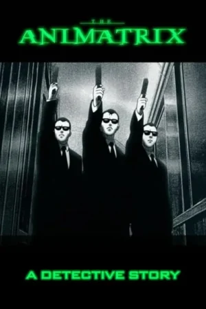 Três figuras idênticas de terno, óculos escuros, erguendo pistolas em um cenário urbano preto e branco. Clima sombrio e de ação.