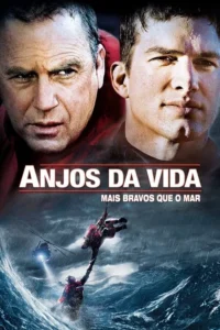 Duas faces masculinas sérias. Abaixo, salvamento no mar tempestuoso: helicóptero ilumina ondas gigantes, um homem resgata outro. Drama intenso.