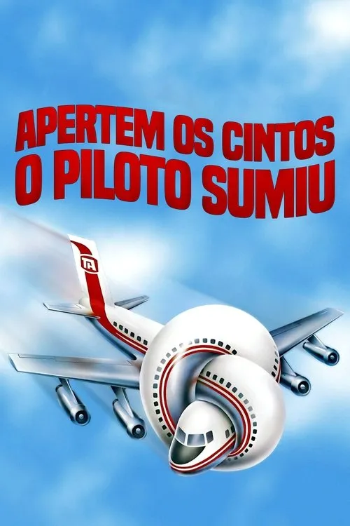 Apertem os Cintos,o Piloto Sumiu 1 Avião branco e vermelho em pleno voo com a fuselagem amarrada em um nó no céu azul. Imagem absurda e cômica.