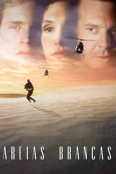 Três rostos no céu alaranjado sobre dunas brancas. Uma pessoa corre, dois helicópteros voam. Ação e mistério no deserto.