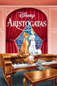 Pôster com dois gatos adultos e três filhotes sobre um piano. Ao fundo,Paris à noite com a Torre Eiffel. Clima musical e familiar.
