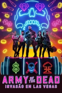 Grupo de 5 armados em um pôster neon. Estão sobre uma slot machine,com caveira,moedas,balas e explosão em Las Vegas.
