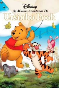 Urso amarelo segura pipa,Tigre pula com Leitão rosa nas costas. Burro cinza em campo verde. Céu azul com folhas voando,clima alegre.