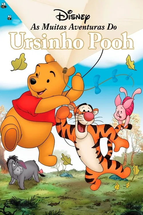 Urso amarelo segura pipa,Tigre pula com Leitão rosa nas costas. Burro cinza em campo verde. Céu azul com folhas voando,clima alegre.