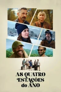 Colagem de seis rostos sorridentes em cenários das 4 estações. Abaixo,o grupo de 6 personagens com malas,clima de viagem.