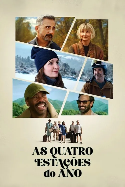 Colagem de seis rostos sorridentes em cenários das 4 estações. Abaixo,o grupo de 6 personagens com malas,clima de viagem.