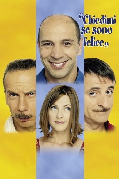 Pôster dividido em azul e amarelo, mostrando 4 rostos. Homem sorridente no centro, dois homens bigodudos expressivos e uma mulher pensativa.