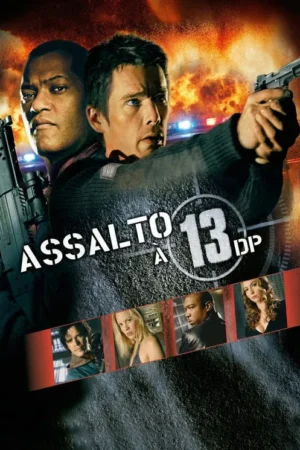 Dois homens armados, um branco e um negro, encaram à frente. Explosões e luzes policiais ao fundo. Elenco de apoio abaixo. Clima intenso.