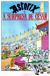 Pôster cartoon:Homem forte e pequeno guerreiro dirigem biga caótica puxada por cavalos assustados em coliseu romano. Imperador observa.