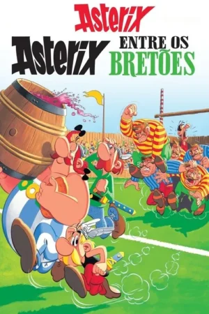 Pôster animado: Obelix, com um barril derramando líquido, e Asterix participam de um jogo físico caótico em campo verde com outros homens.