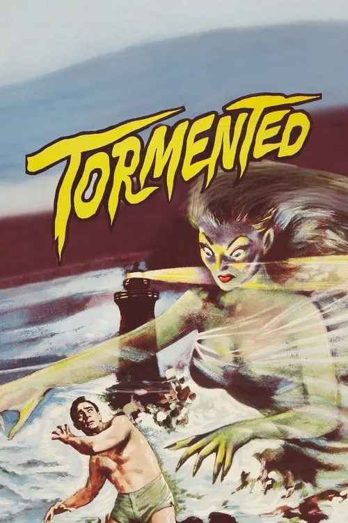 Pôster de horror vintage: Homem aterrorizado na costa é perseguido por uma aparição feminina fantasmagórica e de pele esverdeada, perto de um farol.