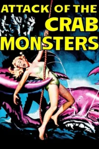 Mulher loira em pânico, presa e pendurada por garra de caranguejo gigante roxo. Homens correm. Pôster de terror sci-fi.