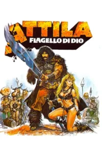 Pôster de fantasia:Homem musculoso com espada,mulher guerreira ajoelhada e grupo de bárbaros. Clima de aventura épica.