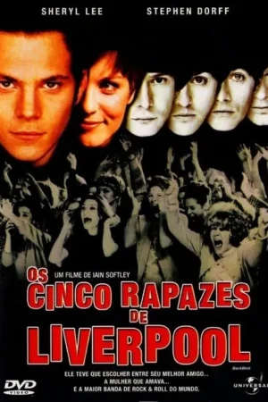 Rostos de um homem e uma mulher em tons quentes e quatro homens em tons frios, sobre uma multidão de fãs eufóricos. Clima musical.