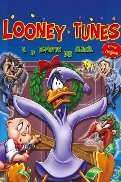 Pato Lucas de camisola roxa assustado por fantasmas (monstro, passarinho, vovó). Porquinho e homem barbudo com dinheiro em cenário natalino festivo.