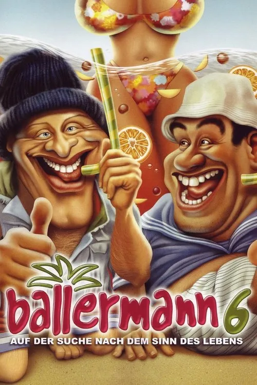 Ballermann 6 1 Pôster em estilo caricatura. Dois homens sorridentes,um fazendo joinha. Mulher de biquíni,frutas e água ao fundo. Clima de festa e verão na praia.