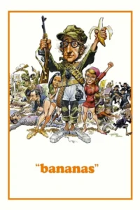 Caricatura de homem em uniforme militar com rifle e banana,ladeado por mulheres e multidão caótica. Humor e sátira.