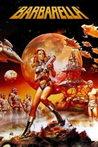 Pôster sci-fi. Mulher loira sexy em traje futurista com arma. Planeta vermelho,naves,soldados e homem musculoso.