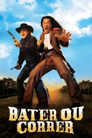 Pôster: Dois homens em trajes de caubói gritam e gesticulam. Um loiro segura revólveres fumegantes. Fundo de cidade do Velho Oeste.