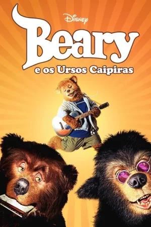 Pôster laranja vibrante com três ursos músicos. Um urso guitarrista, um com gaita e outro com óculos de sol roxos.