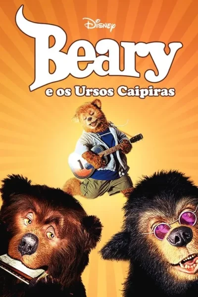 Pôster laranja vibrante com três ursos músicos. Um urso guitarrista, um com gaita e outro com óculos de sol roxos.