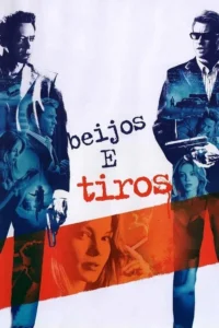 Pôster com dois homens silhuetados. Dentro deles,colagem de cenas de crime,mulheres e armas. Tons de azul e laranja,clima noir.