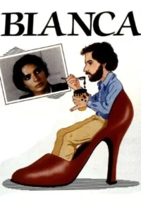 Ilustração:Homem barbudo sentado num sapato de salto vermelho gigante,comendo chocolate. Perto,foto de uma mulher séria. Clima excêntrico.