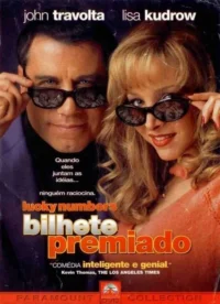 Pôster:um homem e uma mulher sorriem sobre óculos escuros,que refletem números. Atmosfera cômica e divertida.