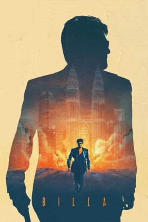 Pôster: Silhueta de homem em terno revela cidade noturna em tons quentes, com torres gêmeas. Um homem de terno caminha adiante. Clima urbano.