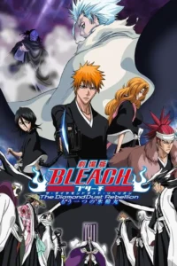 Pôster anime:Herói de cabelo laranja com espada,cercado por aliados. Vilão mascarado e figura de cabelo branco imponente. Clima tenso.