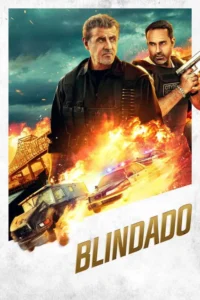 Pôster de ação:Dois homens sérios,um armado,entre chamas e veículos explodindo. Ponte ao fundo. Cena intensa e perigosa.