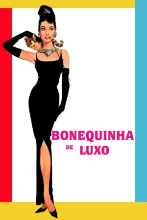 Mulher sofisticada de vestido preto e joias, com um gato no ombro. Ela segura uma piteira em fundo pop art vibrante.