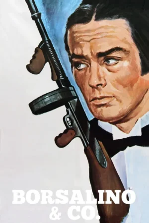 Pintura de um homem sério em smoking, cabelo escuro, olhando à esquerda. Uma metralhadora aparece atrás dele. Fundo simples.