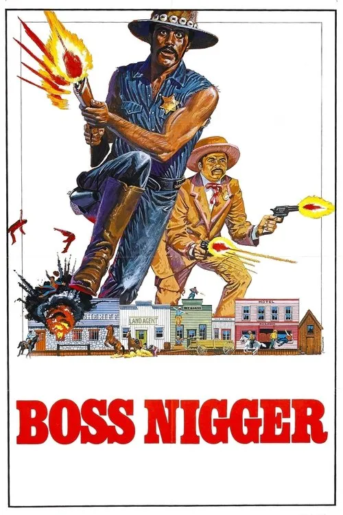 Pôster de faroeste. Dois homens negros, um com rifle e distintivo de xerife, outro com pistolas, em uma cidade com explosões e tiroteios.