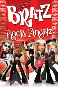Cinco garotas animadas, com visuais rock e guitarras, posam contra fundo vermelho e caixas de som. Clima de banda musical, enérgico.