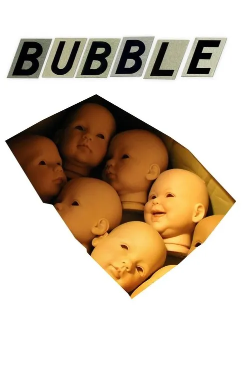 Bubble - Uma Nova Experiência 1 Grandes letras metálicas inclinadas no topo. Uma caixa de cabeças de boneca bege,uma sorrindo em meio a expressões vazias e estranhas.