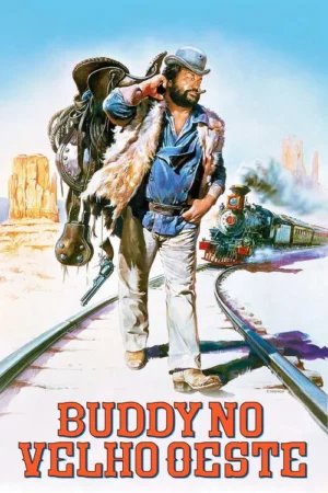 Homem barbudo com chapéu, colete de pele, sela e pistola, caminha em trilhos de trem. Cenário de deserto e trem ao fundo.