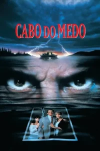 Olhos ameaçadores sobre um lago tempestuoso com barco e raios. Abaixo,foto rasgada de uma família séria. Atmosfera sombria e tensa.