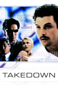 Quatro personagens sérios em fundo digital azul com textos como vírus e acesso negado,clima de suspense tecnológico.