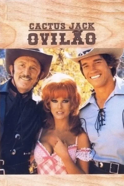 Pôster de faroeste: Dois homens de chapéu, um bigodudo e um jovem sorridente, ladeiam uma mulher ruiva. Roupas e clima western.