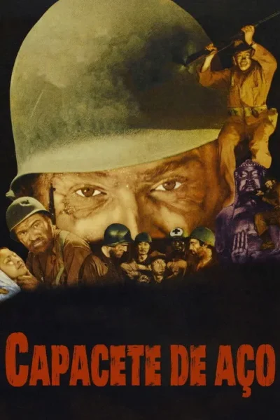 Pôster de guerra. Rosto grande de soldado com capacete. Soldados, mulher e estátua asiática. Clima de combate intenso.